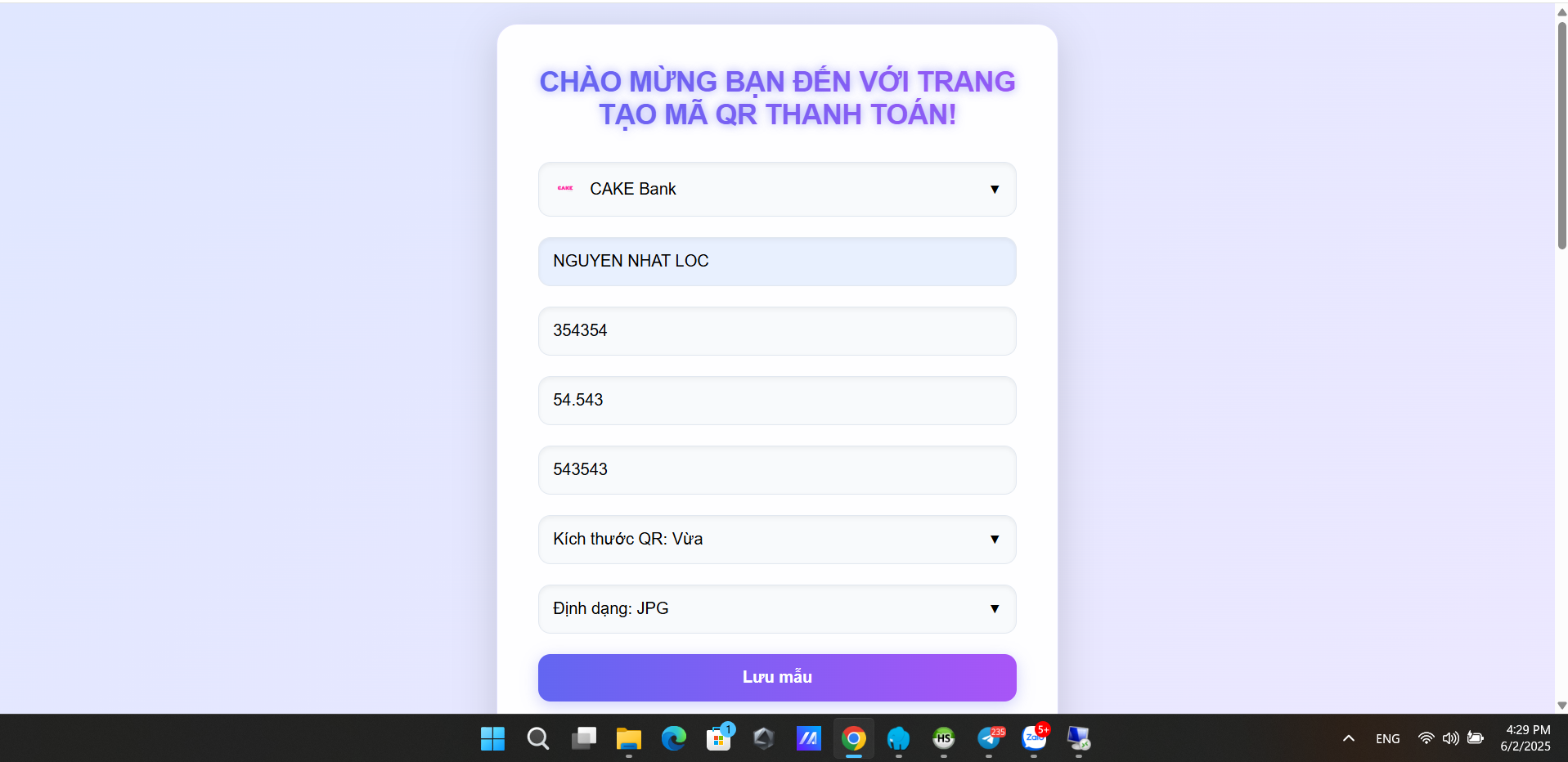 Code tạo QR code chuyển khoản